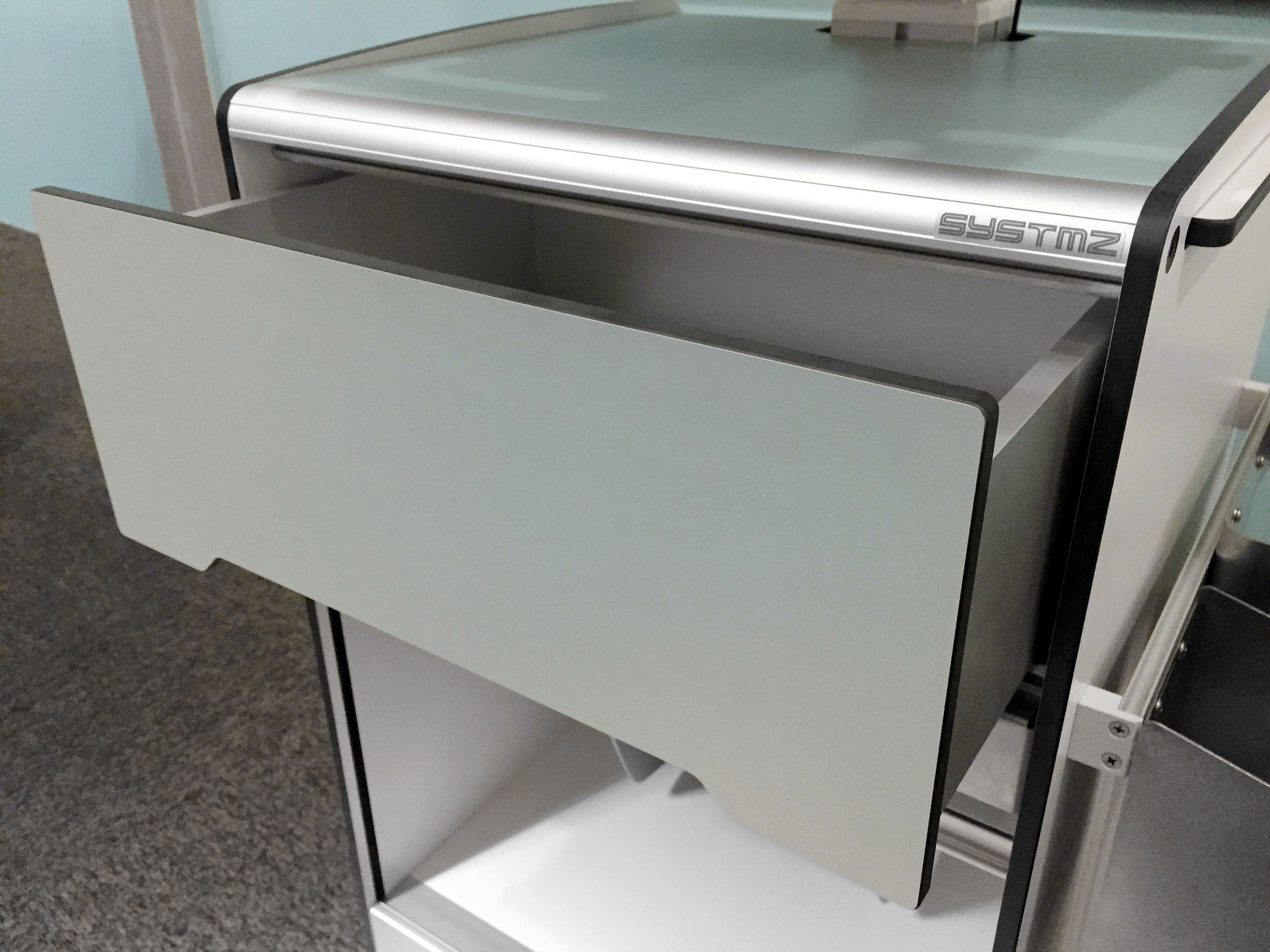 aluminium profile chasis with soft closing drawers made with anti-microbial phenolic material