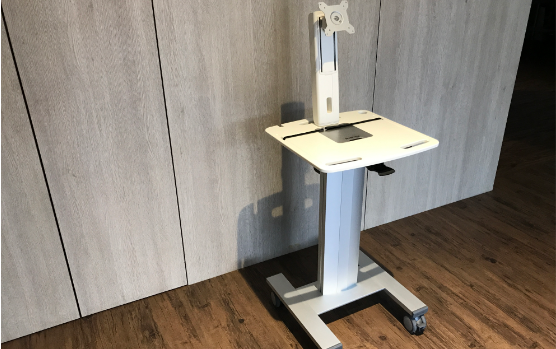 mountable monitor arm view of the adjustable height mobile computer platform table for healthcare hospital and laboratory applications which is modular and upgradable similar to ergotron sv40 sv41 sv42 sv-40 sv-41, sv-42 and humanscale's computer on wheels