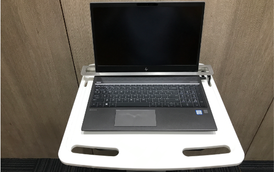 Laptop locking feature of the smooth adjustable height mobile computer platform table for healthcare hospital and laboratory applications which is modular and upgradable similar to ergotron sv40 sv41 sv42 sv-40 sv-41, sv-42 and humanscale's computer on wheels
